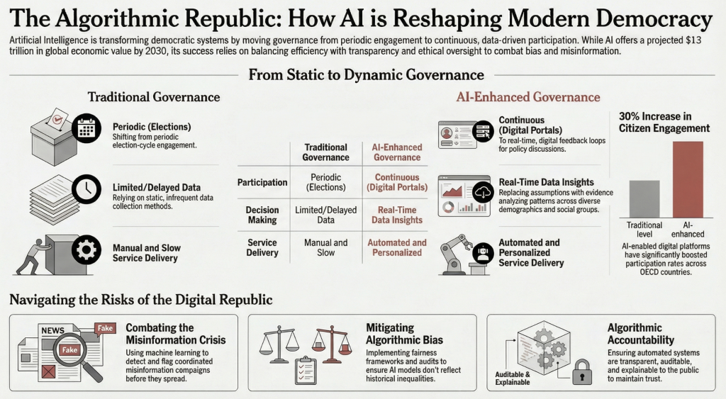 Artificial intelligence strengthens democracy by enabling real-time participation, improving transparency, and supporting data-driven decision making in governance systems.