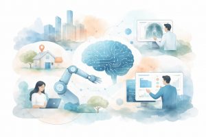 Illustration showing artificial intelligence systems and algorithms influencing decisions across industries and digital platforms.