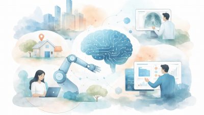 Illustration showing artificial intelligence systems and algorithms influencing decisions across industries and digital platforms.