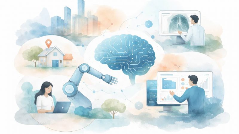 Illustration showing artificial intelligence systems and algorithms influencing decisions across industries and digital platforms.