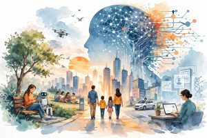 Artificial intelligence systems influencing society, including healthcare, business, education, and digital environments