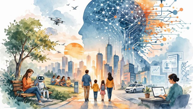 Artificial intelligence systems influencing society, including healthcare, business, education, and digital environments