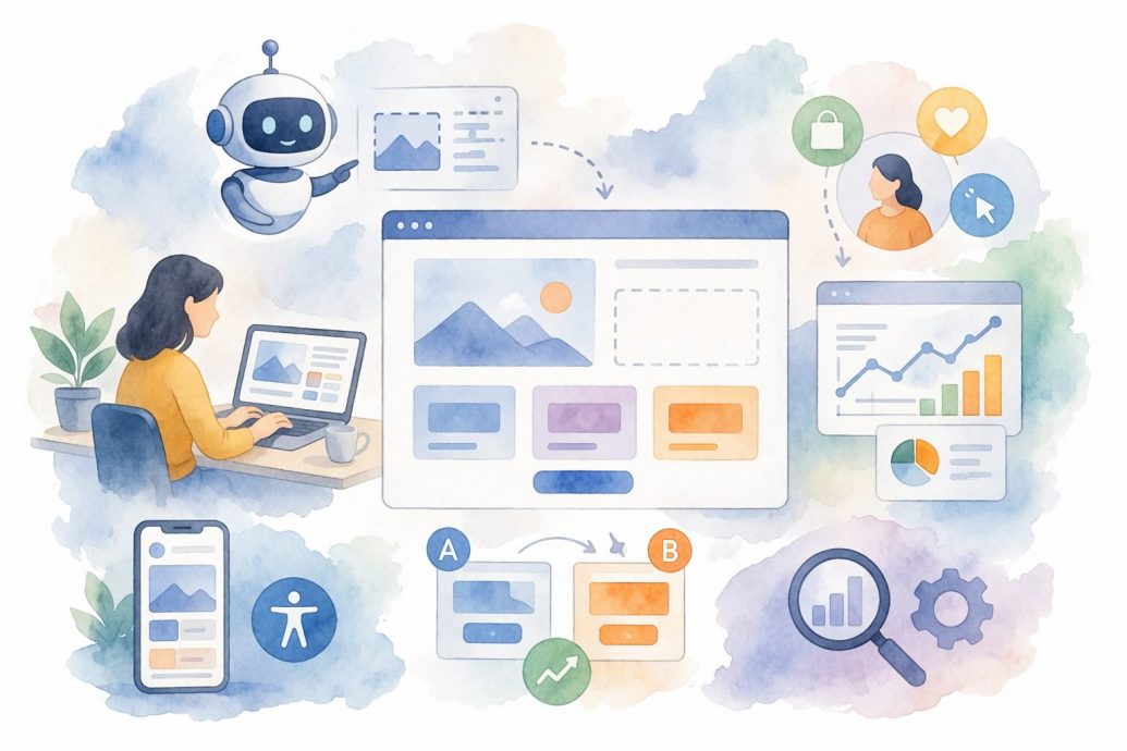 Illustration of artificial intelligence enhancing web design workflows through automation, personalization, and adaptive user interfaces.