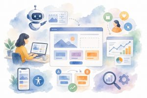 Illustration of artificial intelligence enhancing web design workflows through automation, personalization, and adaptive user interfaces.