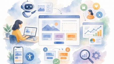 Illustration of artificial intelligence enhancing web design workflows through automation, personalization, and adaptive user interfaces.