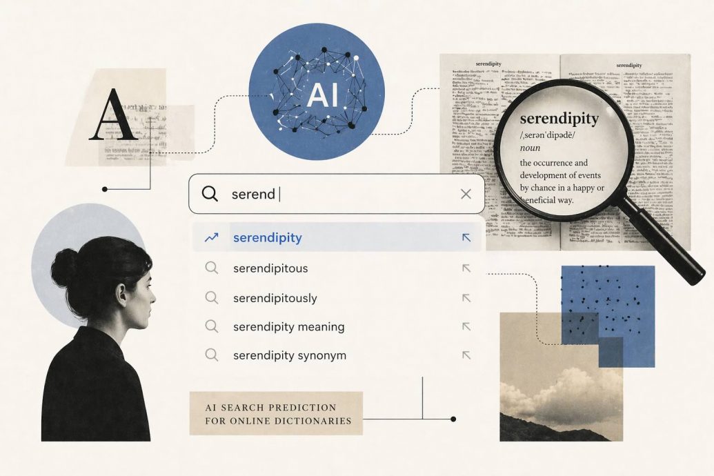 AI-powered predictive search interface showing real-time word suggestions in an online dictionary search bar with NLP processing visualization