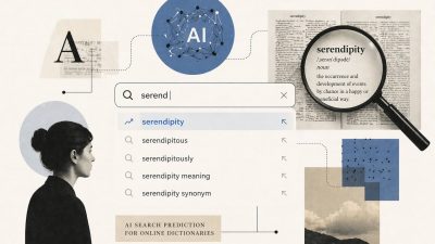 AI-powered predictive search interface showing real-time word suggestions in an online dictionary search bar with NLP processing visualization
