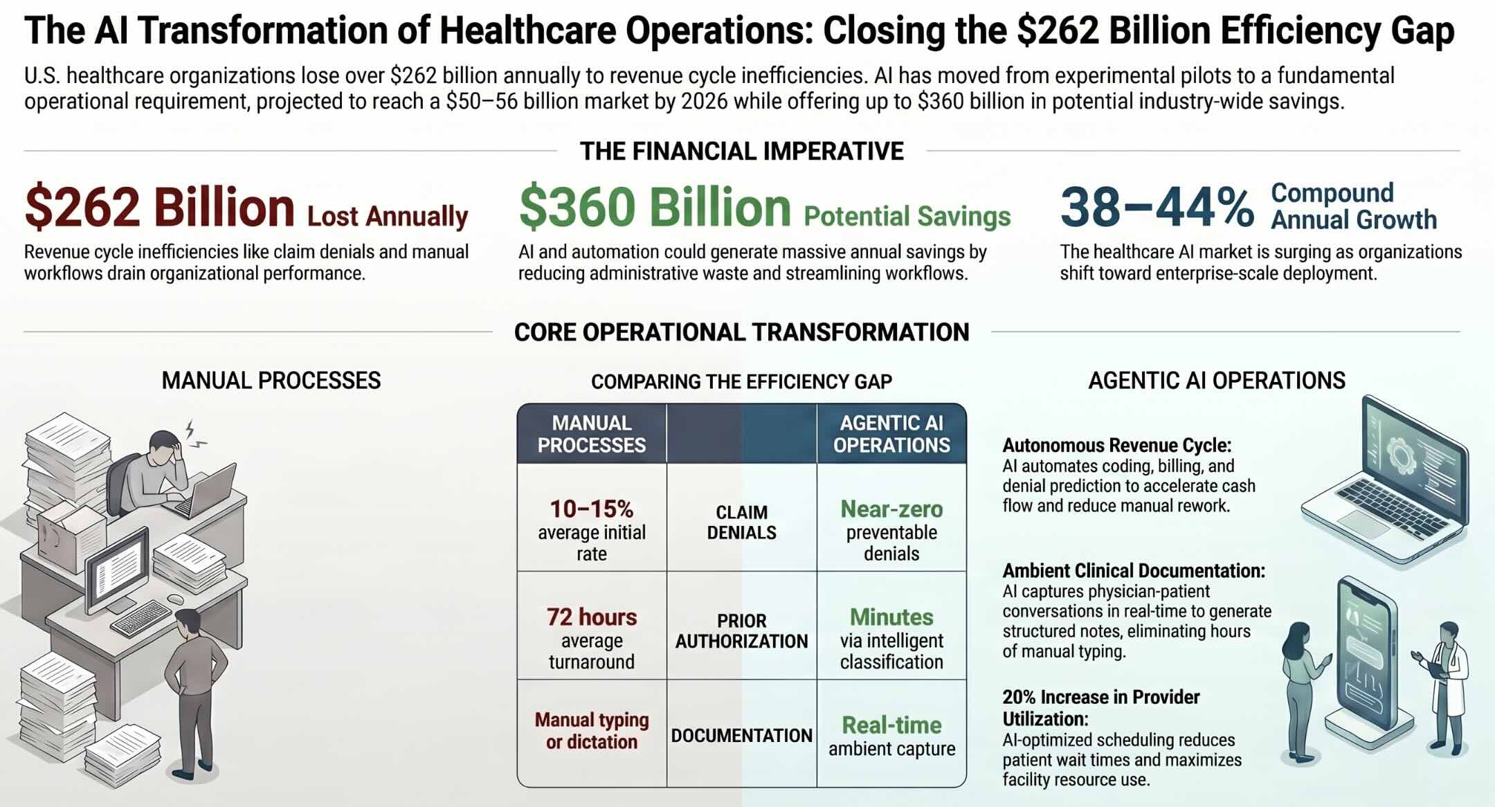 Infographic illustrating the global AI in healthcare market growth from 39 billion in 2025 to projected 50-56 billion in 2026 with key application segments