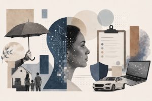 Visual overview of artificial intelligence technologies applied across the insurance value chain including underwriting, claims processing, fraud detection, and customer engagement.