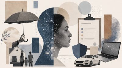 Visual overview of artificial intelligence technologies applied across the insurance value chain including underwriting, claims processing, fraud detection, and customer engagement.