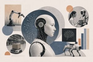 AI-powered robot arm performing precision manufacturing alongside human workers on an automated production line with computer vision sensors and collaborative safety systems.