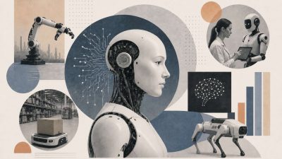 AI-powered robot arm performing precision manufacturing alongside human workers on an automated production line with computer vision sensors and collaborative safety systems.