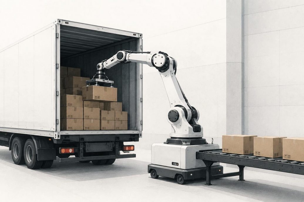 Image of a robot unloading from a. truck into a warehouse.
