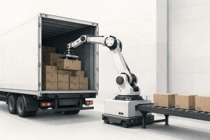 Image of a robot unloading from a. truck into a warehouse.