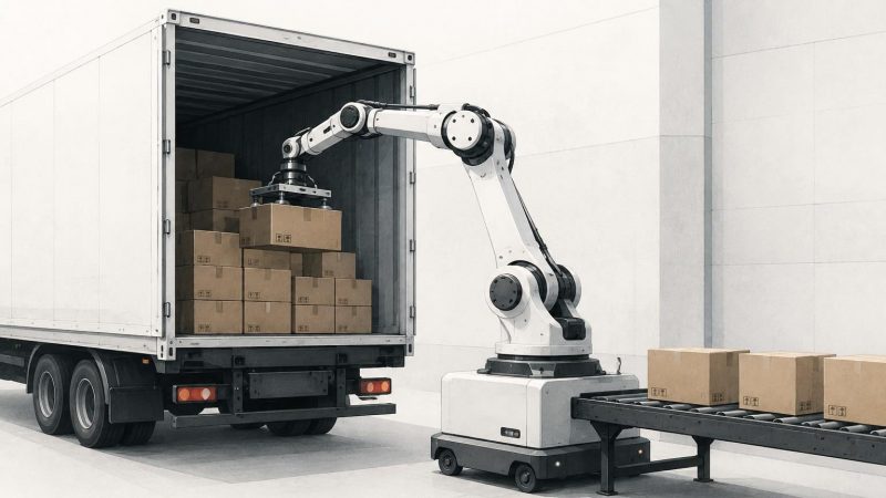 Image of a robot unloading from a. truck into a warehouse.