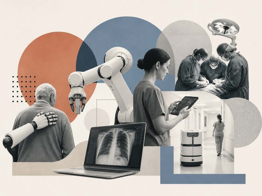 An illustration showing healthcare automation technologies including robotic surgery systems, AI-powered diagnostics, automated pharmacy dispensing, and remote patient monitoring across hospital and home care settings.