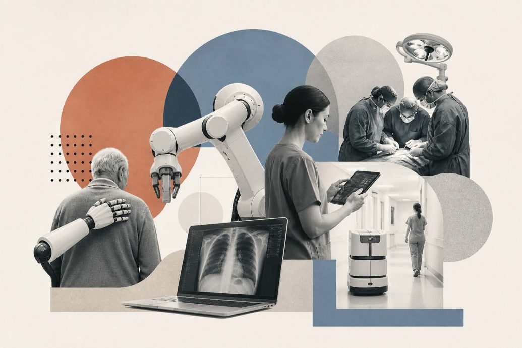 An illustration showing healthcare automation technologies including robotic surgery systems, AI-powered diagnostics, automated pharmacy dispensing, and remote patient monitoring across hospital and home care settings.