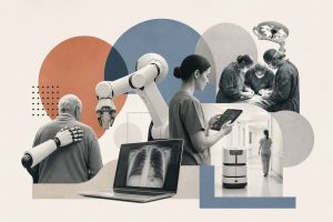 An illustration showing healthcare automation technologies including robotic surgery systems, AI-powered diagnostics, automated pharmacy dispensing, and remote patient monitoring across hospital and home care settings.