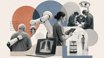 An illustration showing healthcare automation technologies including robotic surgery systems, AI-powered diagnostics, automated pharmacy dispensing, and remote patient monitoring across hospital and home care settings.