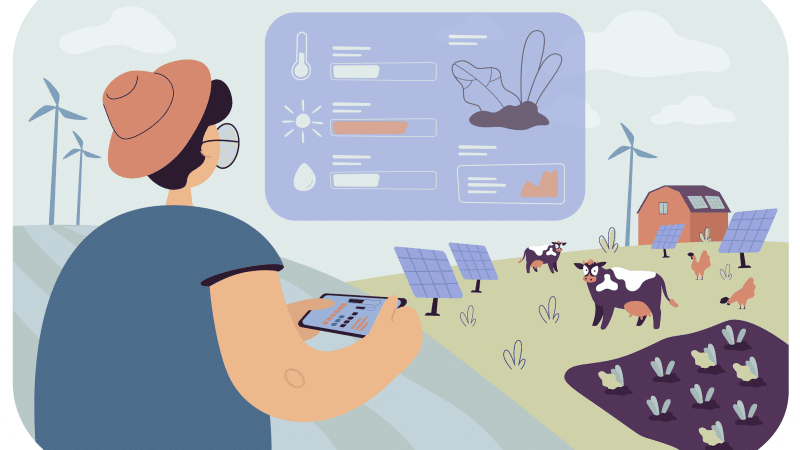 An illustration showing smart farming technologies including IoT soil sensors, agricultural drones, AI-powered crop monitoring systems, autonomous tractors, and precision irrigation across connected farm operations.