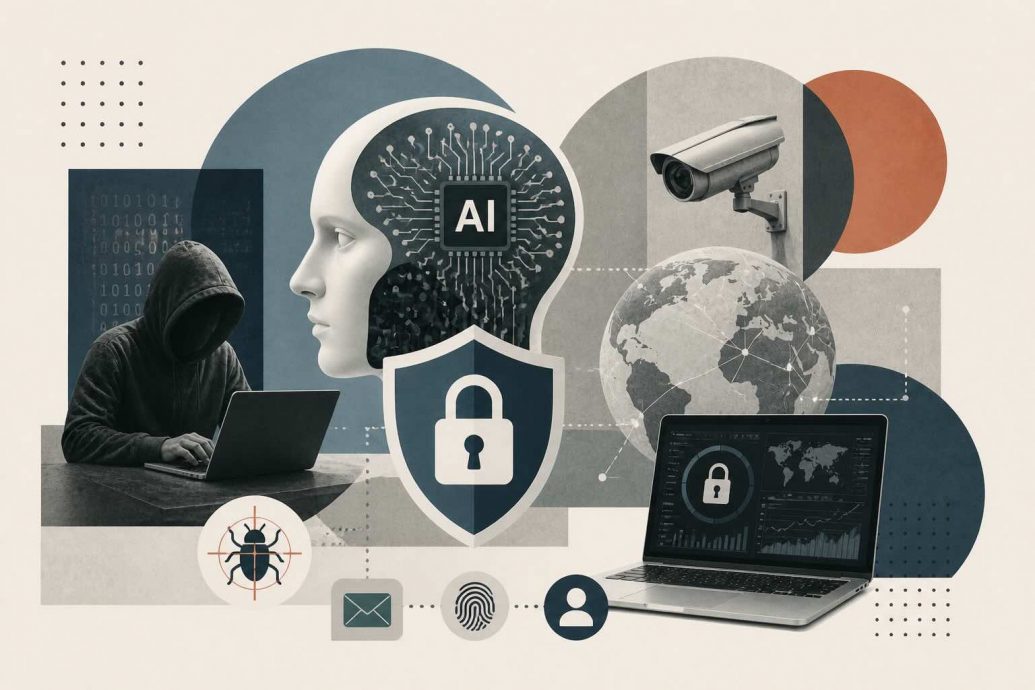 An illustration showing AI-powered cybersecurity operations including automated threat detection dashboards, neural network analysis of network traffic, deepfake detection systems, and security operations center automation.