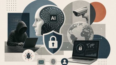 An illustration showing AI-powered cybersecurity operations including automated threat detection dashboards, neural network analysis of network traffic, deepfake detection systems, and security operations center automation.
