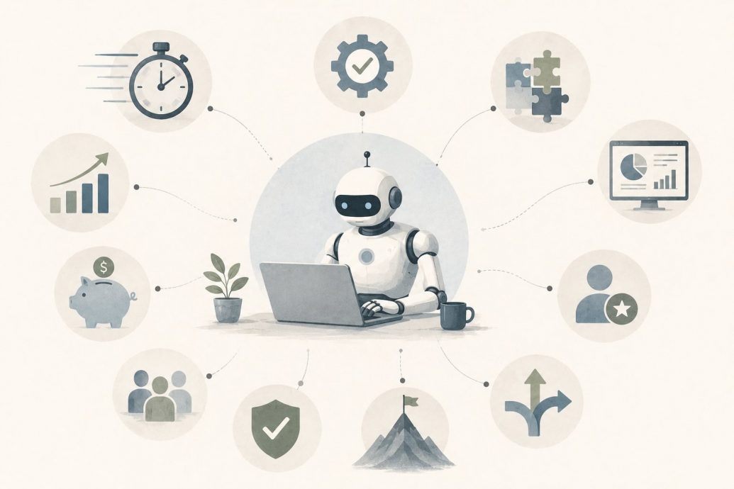 Infographic showing ten ways robotic process automation boosts business performance, including cost reduction, accuracy improvement, and employee satisfaction gains