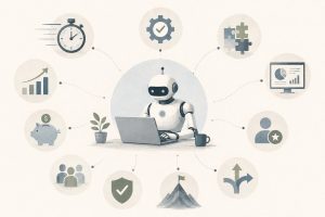 Infographic showing ten ways robotic process automation boosts business performance, including cost reduction, accuracy improvement, and employee satisfaction gains