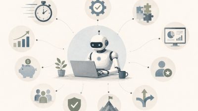 Infographic showing ten ways robotic process automation boosts business performance, including cost reduction, accuracy improvement, and employee satisfaction gains