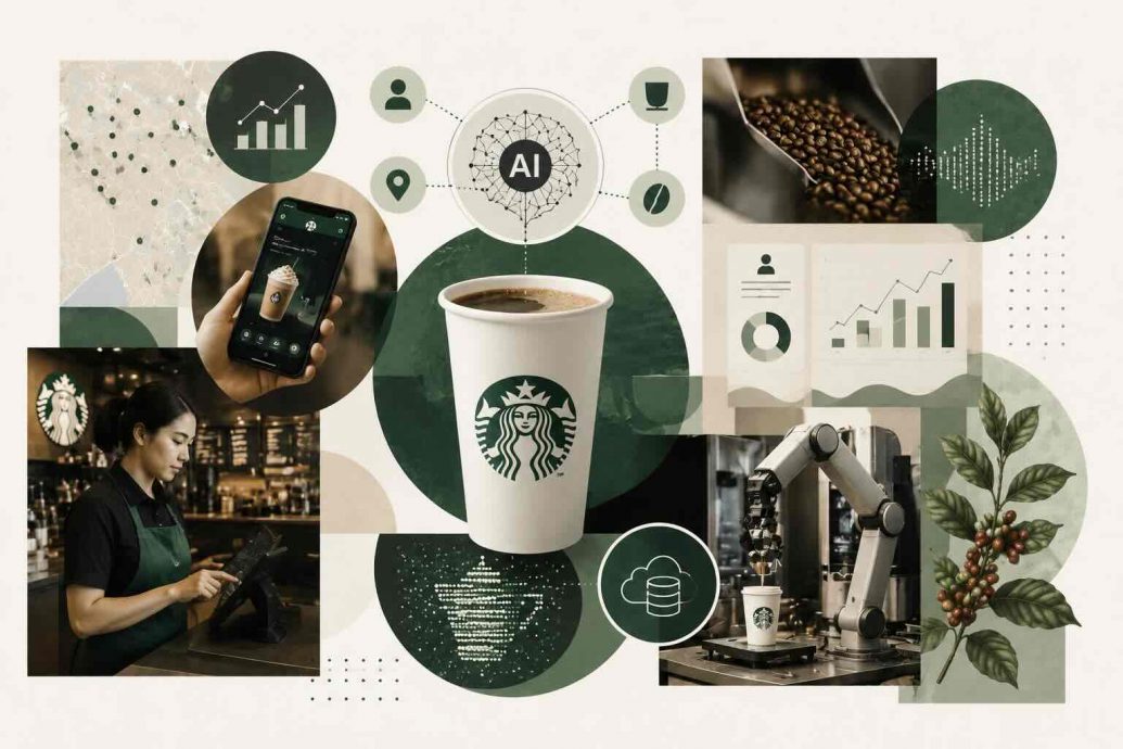 An illustration showing the Starbucks Deep Brew AI platform powering personalized mobile app recommendations, IoT-connected espresso machine maintenance, AI inventory counting, and FlavorGPT product development across a connected global store network.