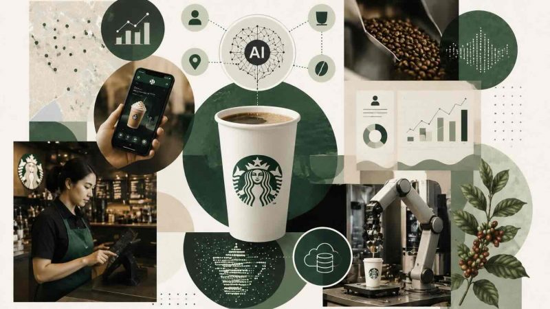 An illustration showing the Starbucks Deep Brew AI platform powering personalized mobile app recommendations, IoT-connected espresso machine maintenance, AI inventory counting, and FlavorGPT product development across a connected global store network.