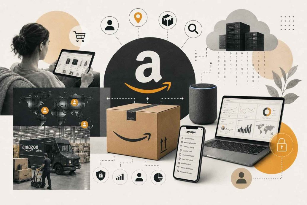 Infographic showing Amazon's data collection ecosystem across Alexa voice recordings, Ring camera footage, shopping behavior, AWS cloud services, and biometric identification with privacy risk indicators