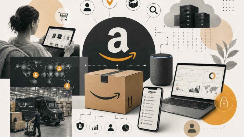 Infographic showing Amazon's data collection ecosystem across Alexa voice recordings, Ring camera footage, shopping behavior, AWS cloud services, and biometric identification with privacy risk indicators