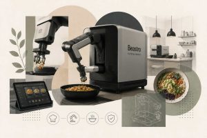 An illustration showing the Beastro autonomous robotic kitchen system with robotic grippers preparing multi-cuisine dishes through induction cooking, managed by the Cuismo cloud-based operating system in a ghost kitchen environment.