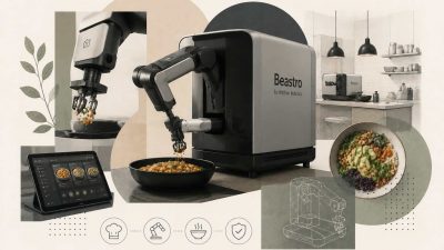An illustration showing the Beastro autonomous robotic kitchen system with robotic grippers preparing multi-cuisine dishes through induction cooking, managed by the Cuismo cloud-based operating system in a ghost kitchen environment.