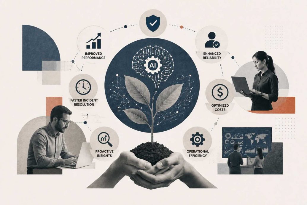 AIOps benefits dashboard showing reduced MTTR, noise reduction metrics, predictive analytics capabilities, and cost savings across enterprise IT operations