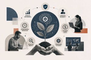 AIOps benefits dashboard showing reduced MTTR, noise reduction metrics, predictive analytics capabilities, and cost savings across enterprise IT operations