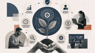 AIOps benefits dashboard showing reduced MTTR, noise reduction metrics, predictive analytics capabilities, and cost savings across enterprise IT operations