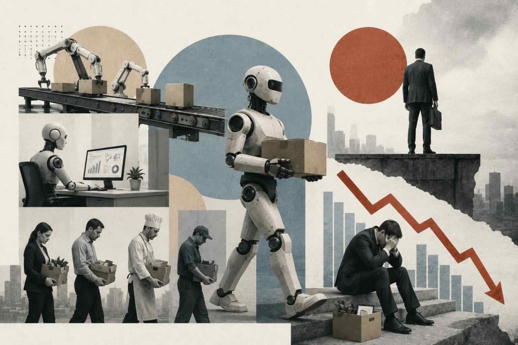 Infographic showing robot automation displacing jobs across manufacturing warehousing transportation and customer service sectors with statistics on WEF projected displacement and new job creation by 2030
