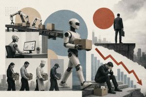 Infographic showing robot automation displacing jobs across manufacturing warehousing transportation and customer service sectors with statistics on WEF projected displacement and new job creation by 2030