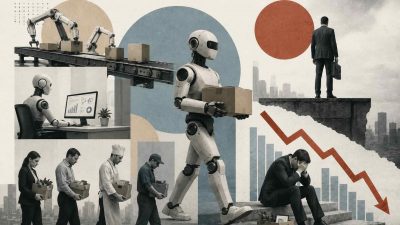 Infographic showing robot automation displacing jobs across manufacturing warehousing transportation and customer service sectors with statistics on WEF projected displacement and new job creation by 2030