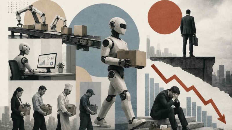 Infographic showing robot automation displacing jobs across manufacturing warehousing transportation and customer service sectors with statistics on WEF projected displacement and new job creation by 2030