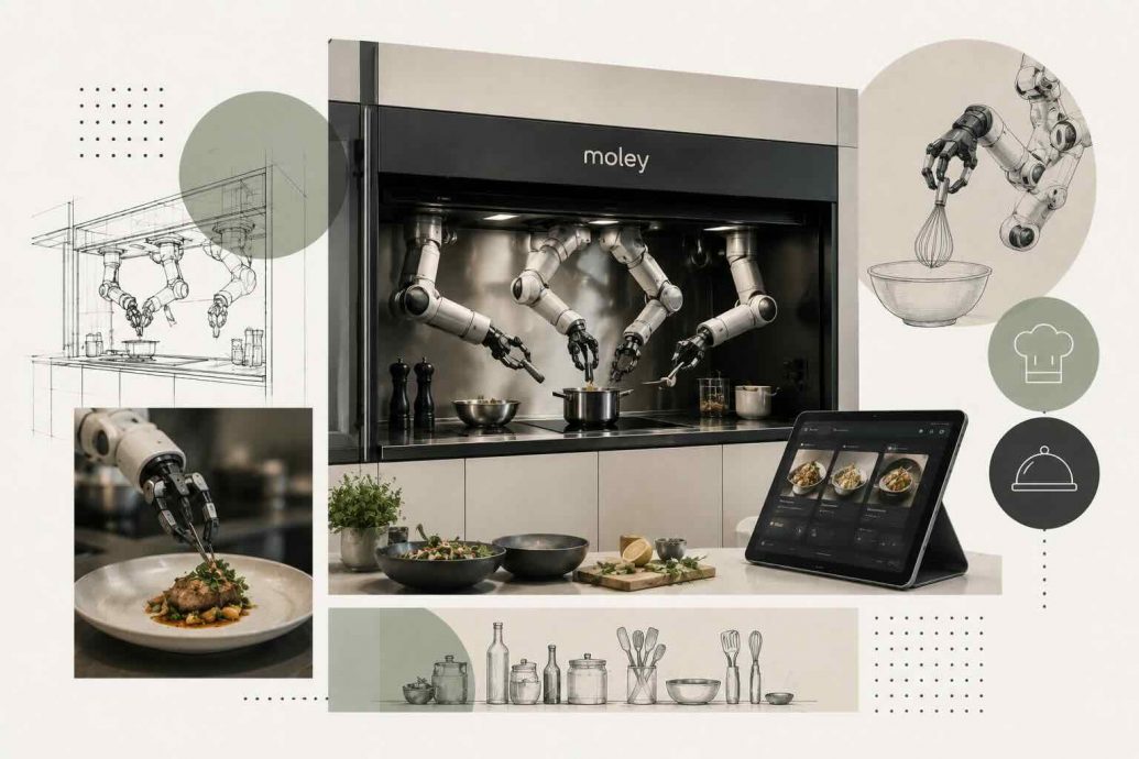 An illustration showing the Moley robotic kitchen with two articulated arms and five-fingered hands preparing a gourmet meal on an induction cooktop, controlled by a 43-inch touchscreen displaying recipes from world-class chefs.