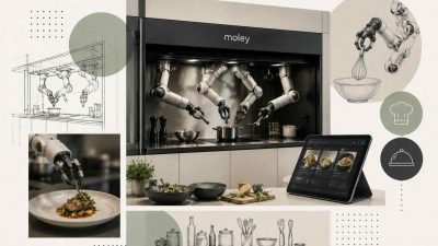 An illustration showing the Moley robotic kitchen with two articulated arms and five-fingered hands preparing a gourmet meal on an induction cooktop, controlled by a 43-inch touchscreen displaying recipes from world-class chefs.