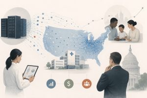Big data analytics dashboard visualizing U.S. healthcare market growth projections, clinical data flows, and investment trends for technology market players targeting the American health system
