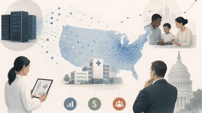 Big data analytics dashboard visualizing U.S. healthcare market growth projections, clinical data flows, and investment trends for technology market players targeting the American health system
