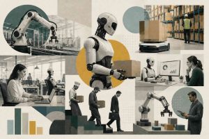 Collaborative robot working alongside human factory worker in modern manufacturing facility showing cobot arm performing assembly task while worker monitors quality output