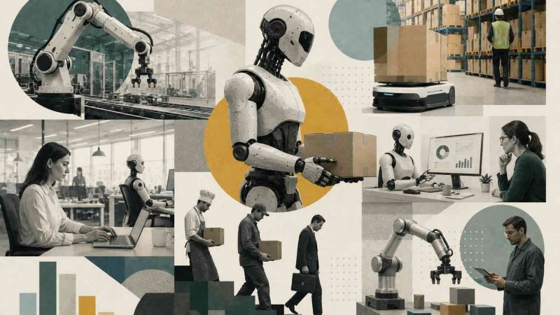 Collaborative robot working alongside human factory worker in modern manufacturing facility showing cobot arm performing assembly task while worker monitors quality output