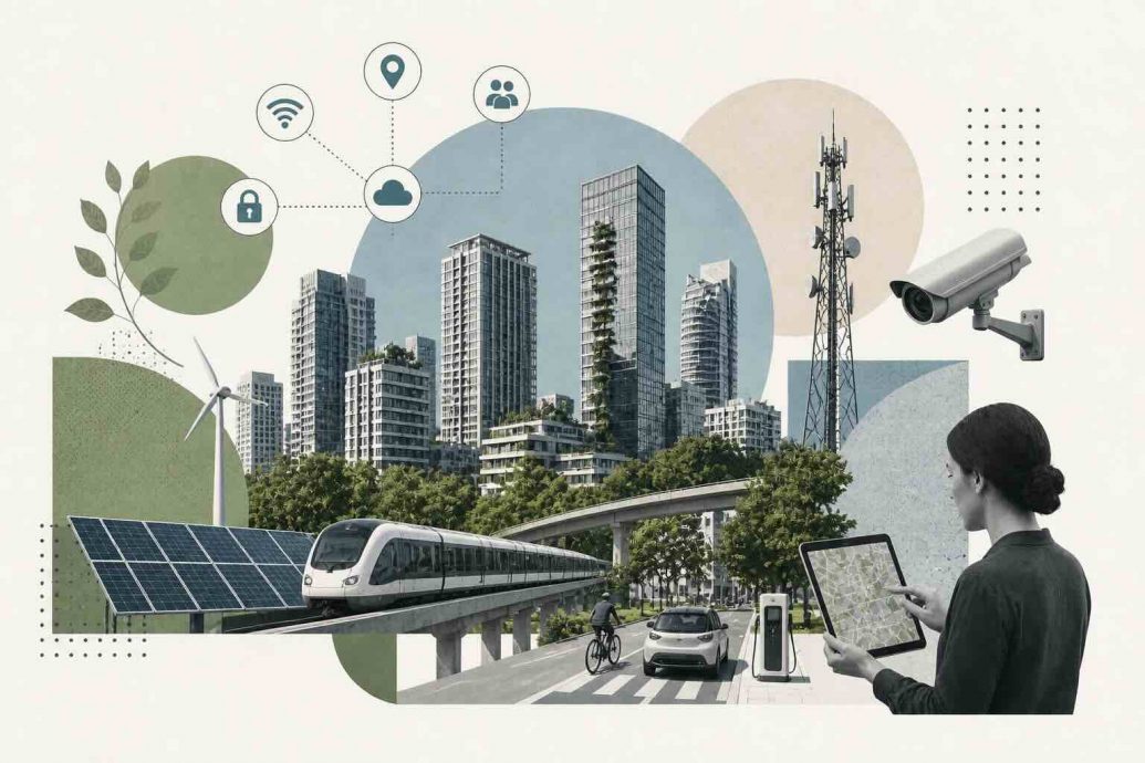 An illustration showing smart city infrastructure including IoT-connected transportation systems, smart energy grids, AI-powered public safety monitoring, digital water management, and citizen engagement platforms across a modern urban landscape.