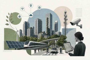 An illustration showing smart city infrastructure including IoT-connected transportation systems, smart energy grids, AI-powered public safety monitoring, digital water management, and citizen engagement platforms across a modern urban landscape.